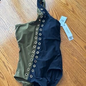 NWT one shoulder olive green and black swim